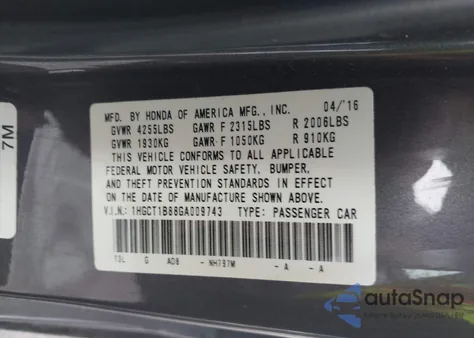 2016 Honda Accord Ex-L z USA, uszkodzony, nr VIN 1HGCT1B88GA009743